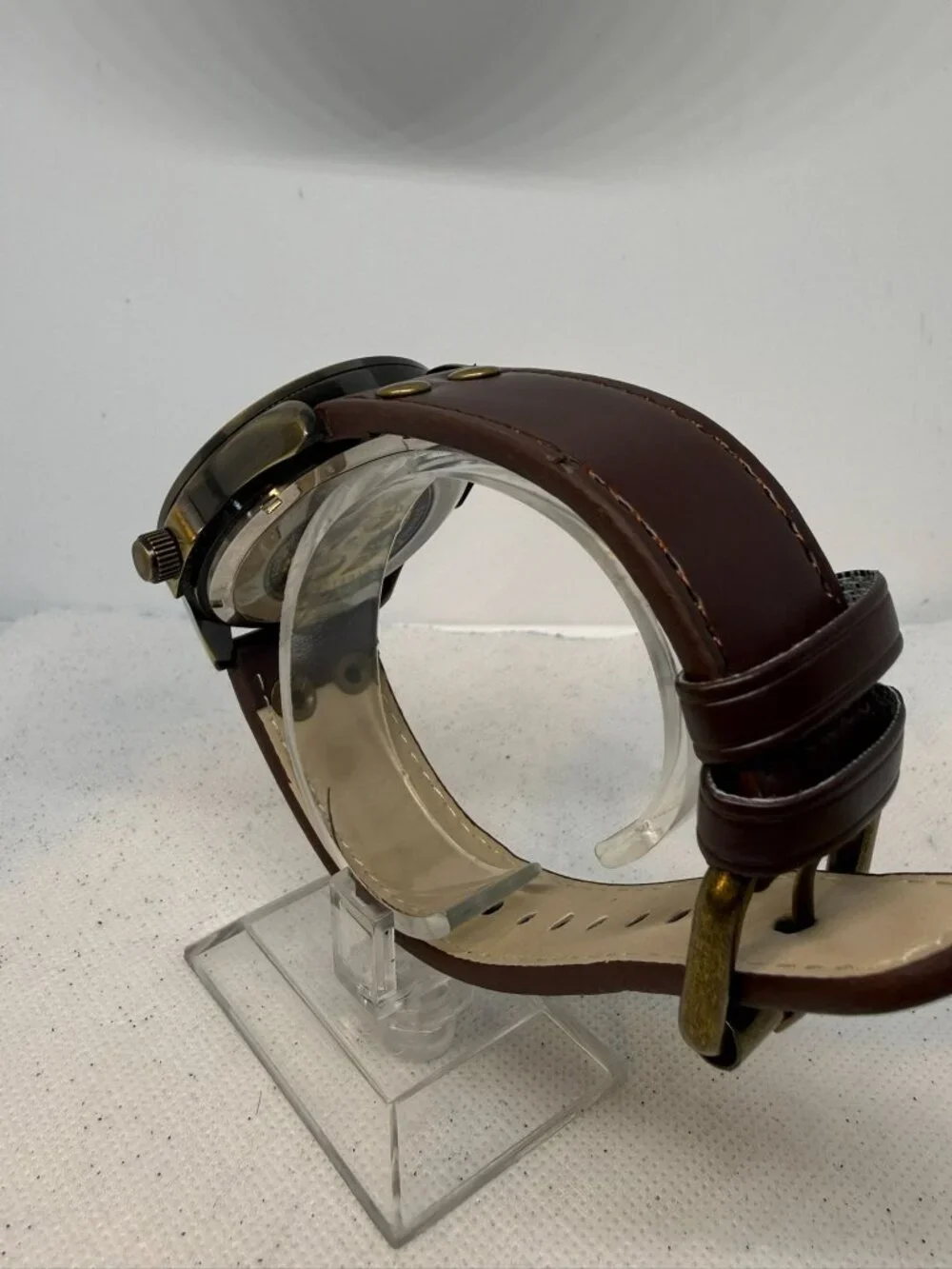 AMPM24 Steampunk Automatic Wind-up Skeleton Watch Bronze Case Brown Leather Band
